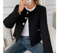 Damen Schwarze Jacke, Herbst Tweed Langarm Top, eleganter Rundkragen Kurzmantel, mit Taschen, kurzer Tweed Blazer geeignet für Arbeit und Büro im Früh
