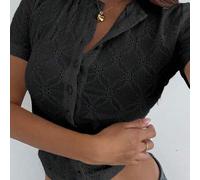 Damen Schwarze Strickjacke, Business Casual Mode Street Style strukturierte Ausschnitt-Jacquard Kurzarm T-Shirt, geeignet für Herbst, Frühling und Som