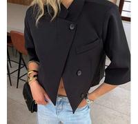 Damen Schwarzer Kurz Blazer mit asymmetrischem Saum, Halbarm Design, Knopfdetail, nicht-stretchbarer Webstoff, geeignet für Herbst- und Sommerkleidung