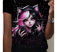 Damen Schwarzes Anime Engel 3D Grafik Muster Rundhals Kurzarm Casual T-Shirt, Y2K Streetwear Sommer Sport