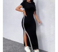 Damen schwarzes Kontrastfarben elastisches gestricktes enges Midikleid mit Schlitz und kurzen Ärmeln, Maxi-Damen-Outfit