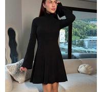 Damen schwarzes modisches lässiges Midi-Kleid, Langarm 2-in-1 Kragen, halbe Knopfleiste, Tasche, Farbblock an Manschette und Saum, Apricot & Weiß