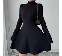 Damen schwarzes modisches lässiges Midi-Kleid, Langarm 2-in-1 Kragen, halbe Knopfleiste, Tasche, Farbblock an Manschette und Saum, Apricot & Weiß