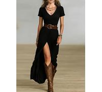 Damen Schwarzes Spaghettiträgerkleid mit V-Ausschnitt, Hohem Schlitz, Figurbetonendem Western Maxikleid für Party und Cocktail (Ohne Gürtel), B1, Mittel