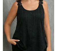 Damen Schwarzes Spitzen-Patchwork-Camisole-Top, Frühling/Sommer, Crinkle-Stoff, Ärmellos, Date Night, Formal, Elegant, Lässig