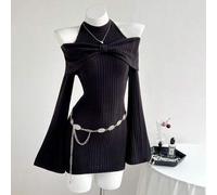 Damen schwarzes strukturiertes Off-Shoulder Kleid mit Schleifendekor, sexy anliegend und kurz, Herbst/Winter