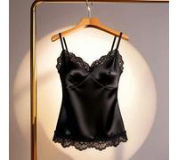 Damen Schwarzes V-Ausschnitt Camisole Top aus gewebtem Stoff mit kontrastierendem Spitzenbesatz und normaler Länge, wunderschön und im Boho-Stil. Casu