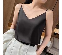 Damen-Seiden-Unterhemd - Modische Damen-Dünne Weste, Sommer, Sexy V-Ausschnitt, Ärmelloses Tank-Top, Schwarzer Satin, Lockeres Oberbekleidungsoberteil, Elegantes Büro-Damenanzug-Innenweste, Lä