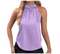 Damen Seidensatin Lässiges ärmelloses Tanktop mit Stehkragen abgerundetem Saum für den Sommer, leichtes, elegantes Blusenhemd Damen Top Mit Spitze (Purple, L)