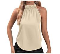 Damen Seidensatin Lässiges ärmelloses Tanktop mit Stehkragen abgerundetem Saum für den Sommer, leichtes, elegantes Blusenhemd Damen Top Mit Spitze (Beige, S)