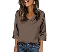 Damen Seidentop Bluse,Elegant 3/4 Arm Stretch Satin Oberteile V-Ausschnitt Satinbluse Einfarbig T-Shirt Festliche Party Outfits Casual Blusenshirt Tops für Business,Büro,Arbeit,Abend