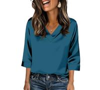 Damen Seidentop Bluse,Elegant 3/4 Arm Stretch Satin Oberteile V-Ausschnitt Satinbluse Einfarbig T-Shirt Festliche Party Outfits Casual Blusenshirt Tops für Business,Büro,Arbeit,Abend