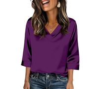 Damen Seidentop Bluse,Elegant 3/4 Arm Stretch Satin Oberteile V-Ausschnitt Satinbluse Einfarbig T-Shirt Festliche Party Outfits Casual Blusenshirt Tops für Business,Büro,Arbeit,Abend