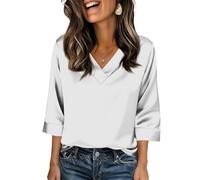 Damen Seidentop Bluse,Elegant 3/4 Arm Stretch Satin Oberteile V-Ausschnitt Satinbluse Einfarbig T-Shirt Festliche Party Outfits Casual Blusenshirt Tops für Business,Büro,Arbeit,Abend
