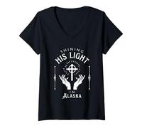 Damen Sein Licht scheint in Alaska Vintage Retro Jesus T-Shirt mit V-Ausschnitt