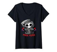 Damen Sensenmann Death Free Hugs, lustiges Halloween-Kostüm T-Shirt mit V-Ausschnitt