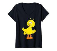 Damen Sesame Street Bibo Cut Drawing, Sesamstrasse T-Shirt mit V-Ausschnitt, Schwarz, L