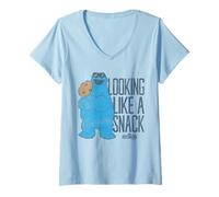 Damen Sesame Street Cookie Monster Snack Glasses T-Shirt mit V-Ausschnitt