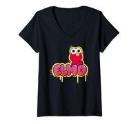 Damen Sesame Street Elmo Simple Graffiti Tag T-Shirt mit V-Ausschnitt