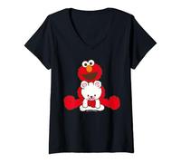 Damen Sesame Street Elmo & Teddy, Sesamstrasse T-Shirt mit V-Ausschnitt