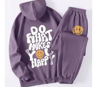 Damen Set aus Buchstabe & Comic Lächeln Gesicht bedrucktem Fleece Sweatshirt und Jogginghose