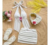 Damen Set aus Camisole mit Schleifen-Ausschnitt, rückenfreiem Rücken und Blumen-Dekor & Mini-Rock, aus strukturiertem Stoff, für Urlaub, Strand, Boho-