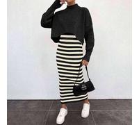 Damen Set aus einfarbigem Pullover mit Stehkragen und Raglanärmeln sowie gestreiftem ärmellosen Strickkleid, Lässig 2 Stücke Set, Herbst/Winter