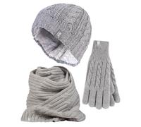 Damen-Set aus Strickmütze, Schal und Handschuhen | Wärmehalter | Mit Fleece gefüttertes Thermo-Set für kaltes Wetter für den Winter in Hellgrau S/M
