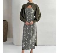 Damen Set bestehend aus Bluse mit Stehkragen und Fledermausärmeln sowie langes Maxikleid mit floraler Stickerei und Mesh, elegant