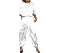 Damen-Set, glattes Satin-Oberteil und Hose, halblange Ärmel, Sommer, lässig, Satin, 2-teiliges Outfit, Jogger-Kurzarm-Set (Weiß, S), weiß