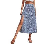 Damen Sexy Boho Floral Midi Röcke Mid Waist Seitenschlitz Röcke Split Oberschenkel Hohe Taille Swing Casual A-Linie Röcke Y2K Streetwear, hellblau, XL