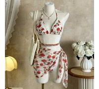 Damen sexy Boho Neckholder Bikini Set mit Blume Muster, Knoten-Vorderseite Top und Rock-Unterteil, perfekt als Badeanzug für den Urlaub