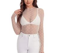 Damen Sexy durchsichtige Netz Oberteile Y2K Langarm Rollkragenpullover Gepunktete T-Shirt Tops Clubwear Hemd dehnbar U-Ausschnitt durchsichtig schlanke Passform Netz Oberteile langärmelige Bluse