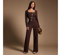 Damen sexy & eleganter kaffeebrauner Jumpsuit mit quadratischem Ausschnitt, Langarm, goldfarbenen Metallknöpfen als Dekoration, dehnbarer gestrickter