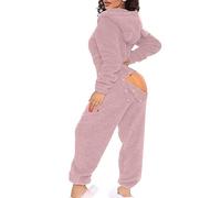 Damen Sexy Fleece Jumpsuit mit Kapuze und Öhrchen Damen Overall Mit Po Klappe Schlafoverall mit Kapuze & Reißverschluss Hausanzug Einteiler Schlafanzug Onesie Damen