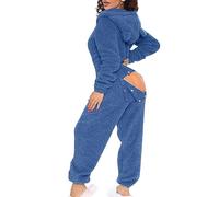 Damen Sexy Fleece Jumpsuit mit Kapuze und Öhrchen Damen Overall Mit Po Klappe Schlafoverall mit Kapuze & Reißverschluss Hausanzug Einteiler Schlafanzug Onesie Damen