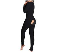 Damen Sexy Funktionale Geknöpfte Klappe Einfarbig V-Ausschnitt Langarm Schlafanzug Lang Jumpsuit Body Einteiler Pyjama Overall Onesie Nachtwäsche Schlafoverall Spielanzug Bodysuit Strampler