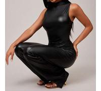 Damen Sexy Lässig Minimalistischer Schwarzer PU Jumpsuit, Minimalistischer Mode Schwarzer Kunstleder Schlaghose Jumpsuit, Eng Anliegender Jumpsuit, Sc
