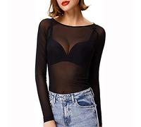Damen Sexy Langarm U-Ausschnitt Durchsichtige T-Shirt Vintage Blusenoberteile Fashion Loose Fit Hemd mit U-Ausschnitt Oberteile Langarmshirt Mesh Bluse Shirt Transparent Party (Schwarz-Lang, 2XL/3XL)