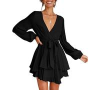 Damen Sexy Langarm V-Ausschnitt Wickelkleid Partykleid Tunika Kleider Einfarbig Elegant Cocktailkleid Casual Swing Skater Mini Kleid Abendkleider Rüschenkleid mit Gürtel