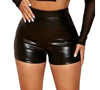 Damen Sexy Leder Shorts Glanz Hohe Taille PU Lederoptik Kurze Hose Push up Lederimitat Kunstlederhose (Schwarz, XL)