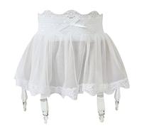 Damen Sexy Mesh Minirock mit Strapsgürtel mit 4 Clips Tanga Spitze Kurzes Micro Skirt Dessous Kleid Transparente Strapsen Hoher Taille Höschen Mikrorock Strumpfhalter Unterwäsche Clubwear (3-White, L)