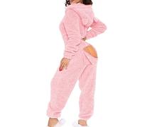 Damen Sexy Onesie Pyjamas Butt Button Back Flap Jumpsuit Sherpa Strampler Nachtwäsche One Piece Zipper Bodycon Cute Ear Hood,Rosa,M