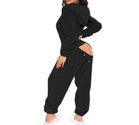 Damen Sexy Onesie Pyjamas Butt Button Back Flap Jumpsuit Sherpa Strampler Nachtwäsche One Piece Zipper Bodycon Cute Ear Hood,Schwarz,S