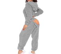 sunongvt Damen Sexy Onesie Pyjamas Butt Button Back Flap Jumpsuit Sherpa Strampler Nachtwäsche One Piece Zipper Bodycon Cute Ear Hood,Grau,M