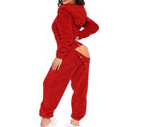 Damen Sexy Onesie Pyjamas Butt Button Back Flap Jumpsuit Sherpa Strampler Nachtwäsche One Piece Zipper Bodycon Cute Ear Hood,Rot,M