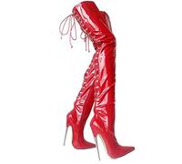 Damen Sexy Overknee Overknee Oberschenkelhohe Stiefel 18cm Metall Dünne High Heels Spitze Zehe Schnürung Oberschenkelhohe Stiefel Stripper Club Pole Dance Schuhe Übergröße 36-46,Rot,45