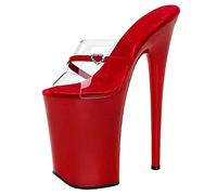 Damen Sexy Rot Peep Toe Sandalen High Heel 20CM Stiletto Pantoletten Pumps Sexy Stripper Club Pole Dancing Party Schuhe Größe 34-46,Rot,44 EU