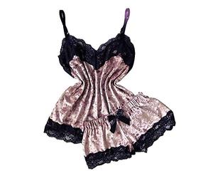 Damen Sexy Samt Camisole Top Shorts Zweiteiliger Spitze Lingerie Crop Tops Pyjama Set Bra BH Sleepwear Kurz Hose Nachtwäsche Schlafanzug Nachthemd Dessous Sommer Negligee Babydoll Reizwäsche