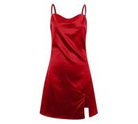 Damen Sexy Satin Kleid Für Party Curvy Kleider Kurz Mit Schlitz Spaghettiträger-Kleid Frauen Elegant Cocktailkleid Bodycon Minikleid Rückenfrei Sommerkleid Club Partykleid Sommer A Linie